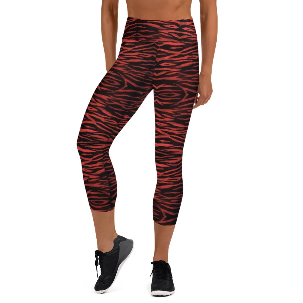 Red Tiger Yoga Capri Leggings, Bright Tiger Striped Animal Print Women's Capris Tights-Made in USA/EU