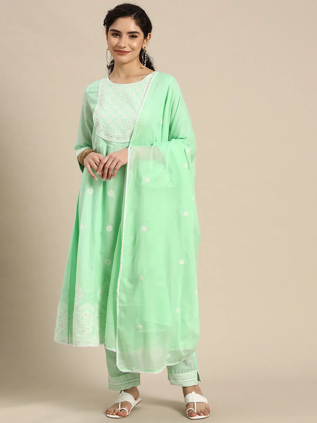 Seafoam Green Pure Cotton Kalidar Kurta Set