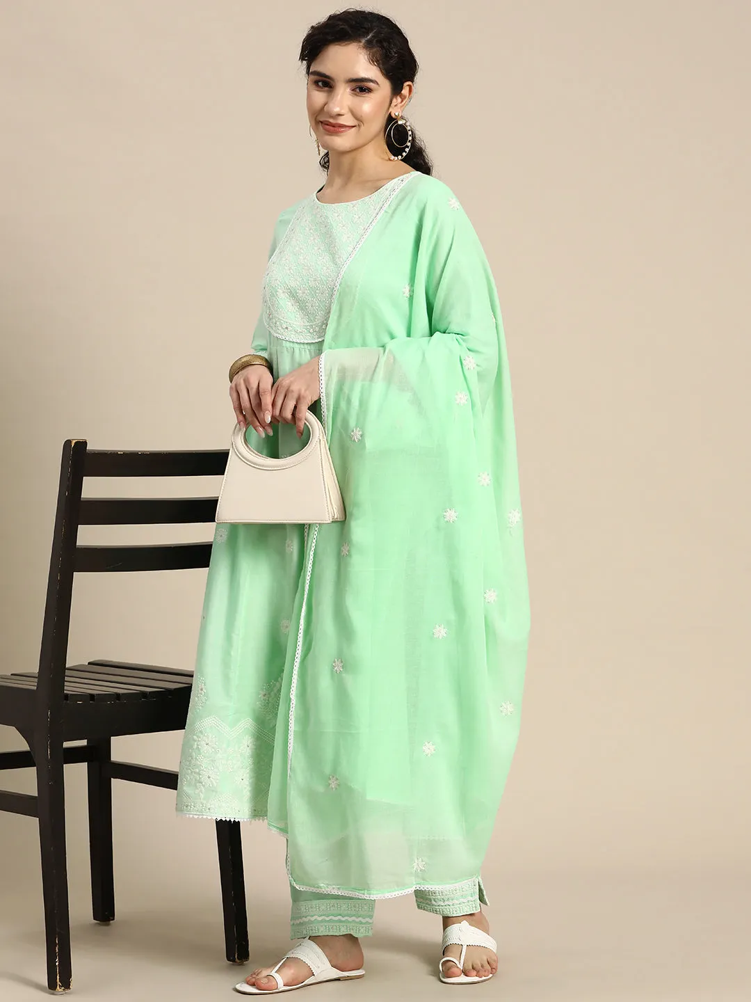 Seafoam Green Pure Cotton Kalidar Kurta Set