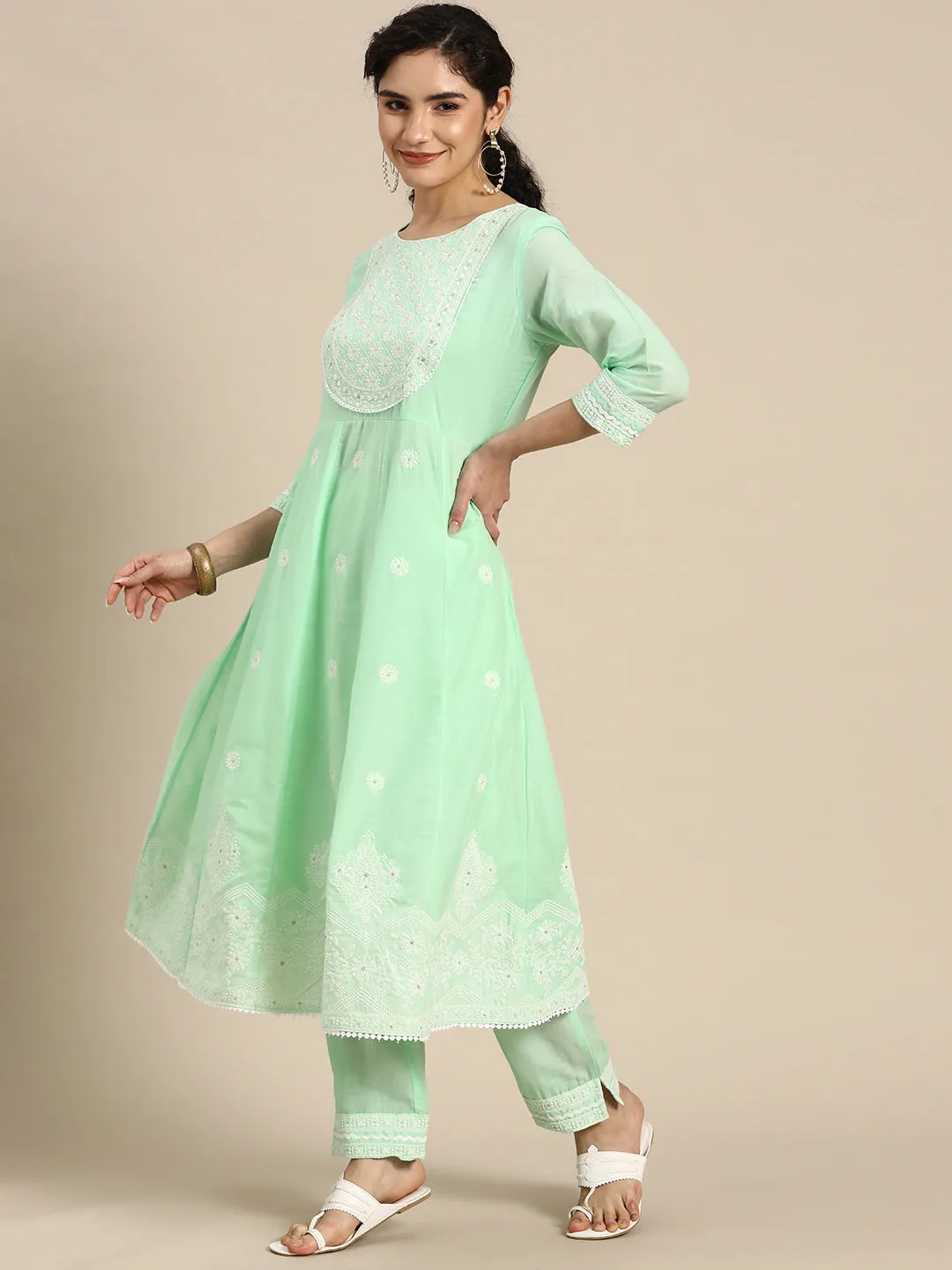 Seafoam Green Pure Cotton Kalidar Kurta Set