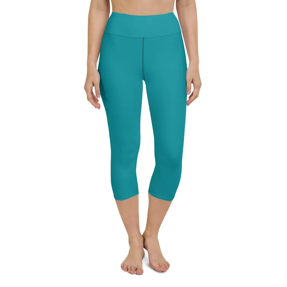 Sky Blue Yoga Capri Leggings, Solid Blue Color Designer Capris Tights-Made in USA/EU/MX