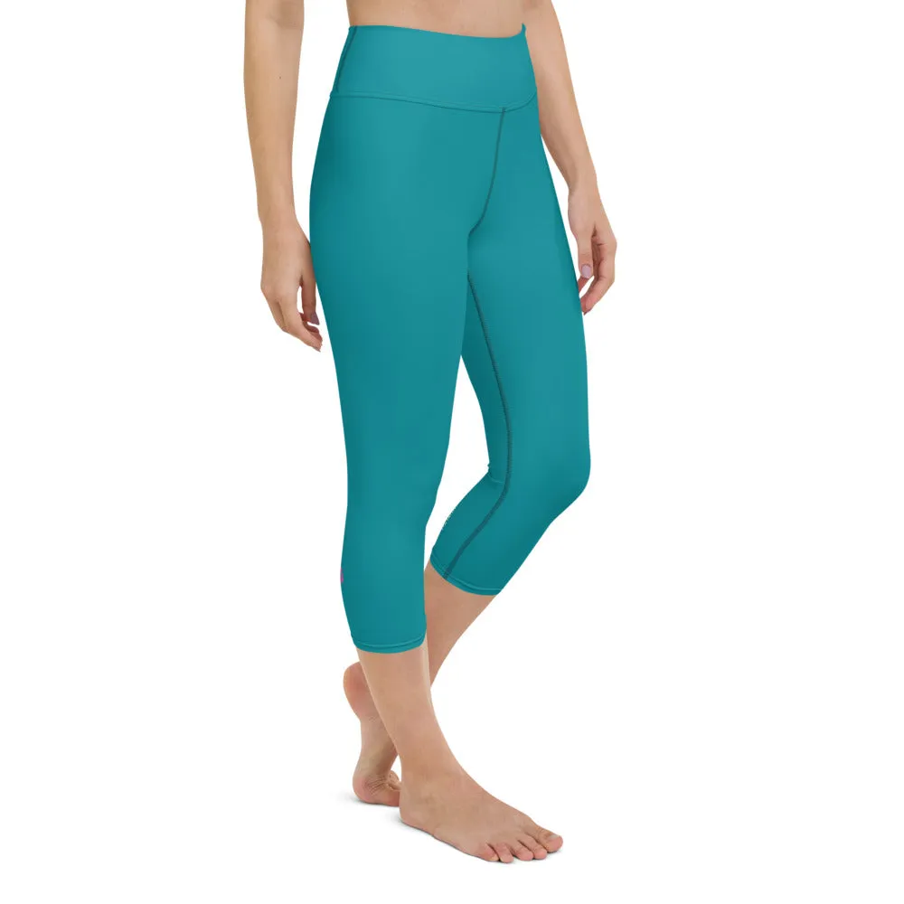Sky Blue Yoga Capri Leggings, Solid Blue Color Designer Capris Tights-Made in USA/EU/MX