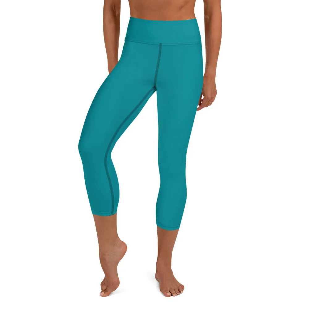 Sky Blue Yoga Capri Leggings, Solid Blue Color Designer Capris Tights-Made in USA/EU/MX