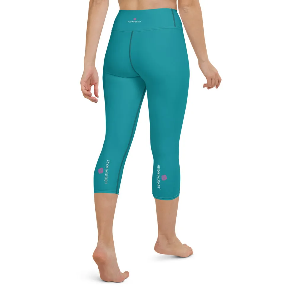 Sky Blue Yoga Capri Leggings, Solid Blue Color Designer Capris Tights-Made in USA/EU/MX