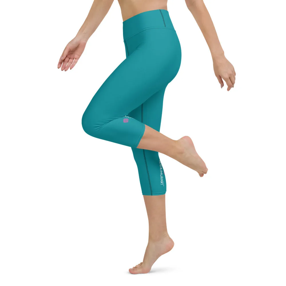 Sky Blue Yoga Capri Leggings, Solid Blue Color Designer Capris Tights-Made in USA/EU/MX