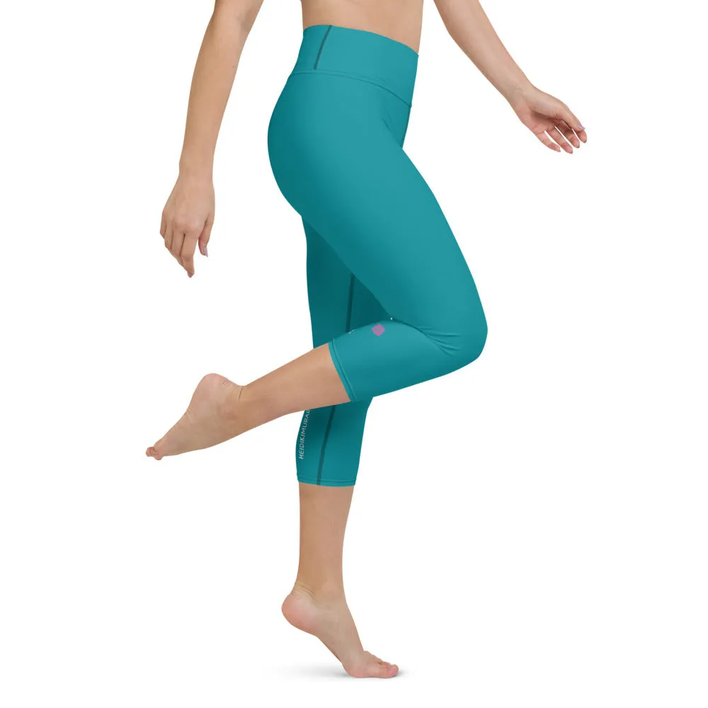 Sky Blue Yoga Capri Leggings, Solid Blue Color Designer Capris Tights-Made in USA/EU/MX