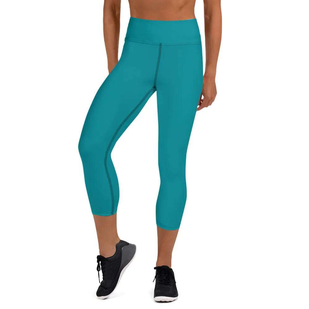 Sky Blue Yoga Capri Leggings, Solid Blue Color Designer Capris Tights-Made in USA/EU/MX