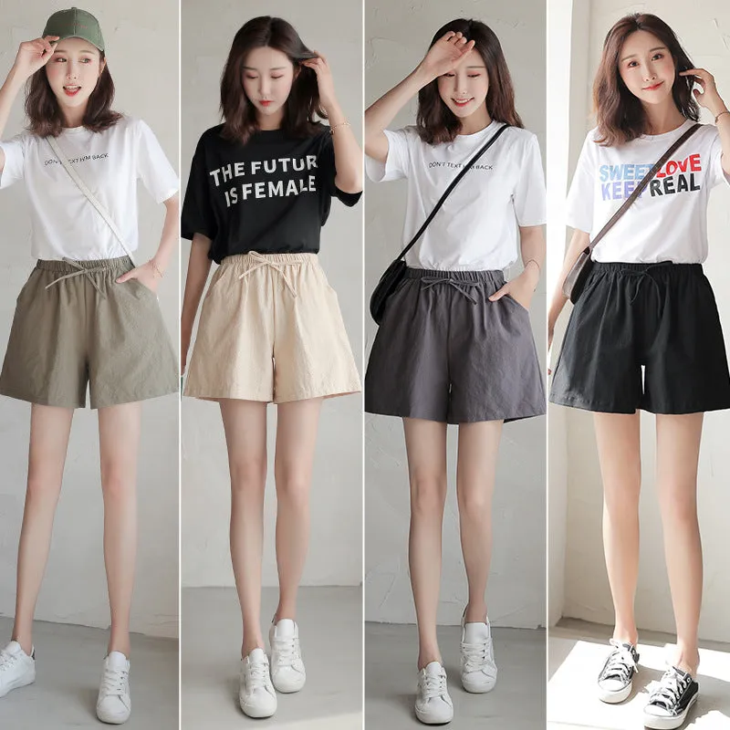 Summer loose linen cotton linen large size student sports casual shorts women's wide leg pants