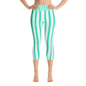 Turquoise Blue Striped Capri Leggings, Vertical Striped Women's Yoga Pants- Made in USA/EU