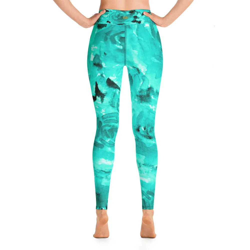 Turquoise Blue Women's Leggings, Abstract Rose Floral Print Yoga Pants-Made in USA/EU