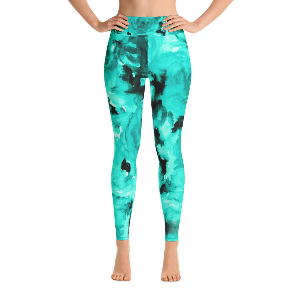 Turquoise Blue Women's Leggings, Abstract Rose Floral Print Yoga Pants-Made in USA/EU