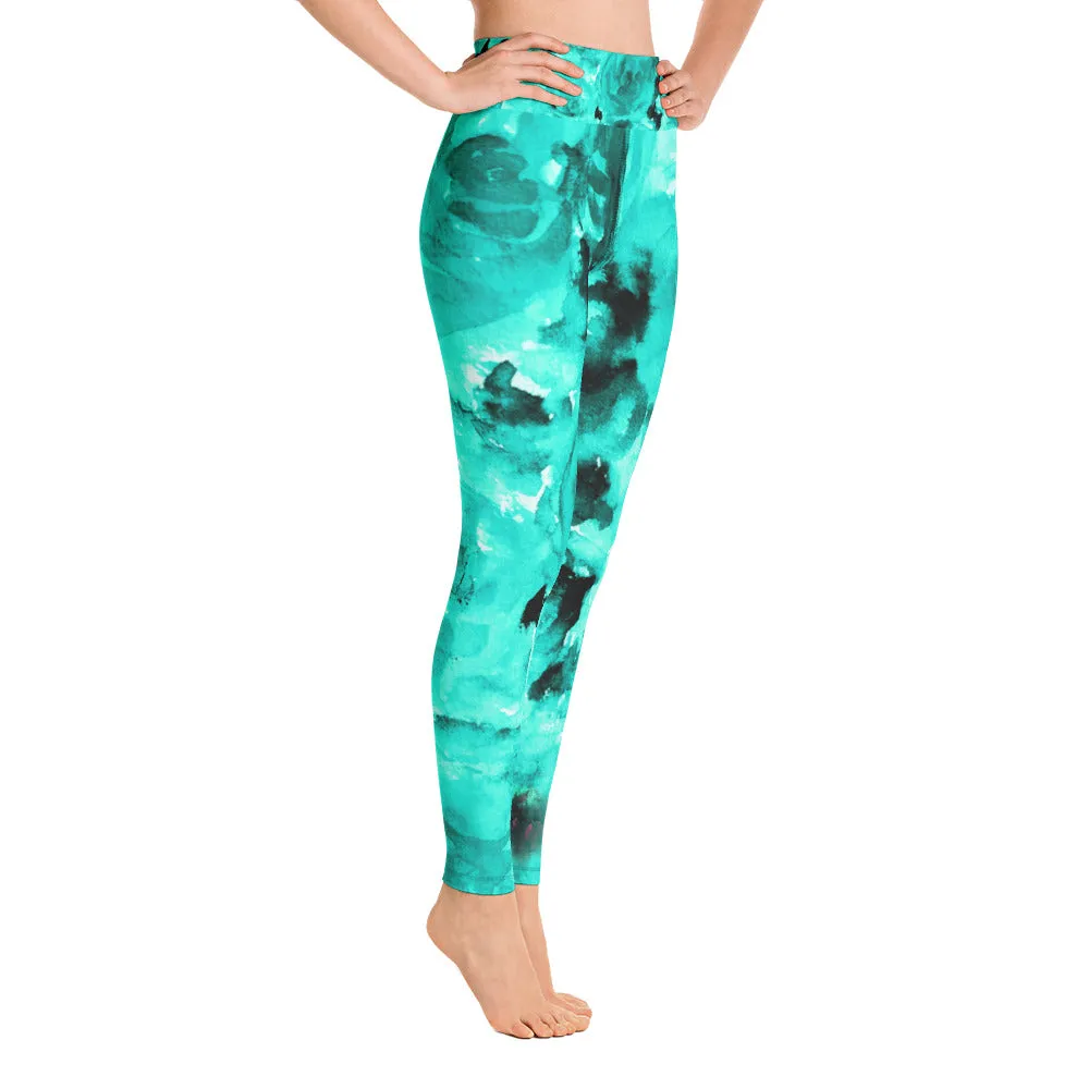Turquoise Blue Women's Leggings, Abstract Rose Floral Print Yoga Pants-Made in USA/EU