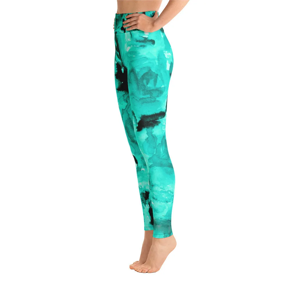 Turquoise Blue Women's Leggings, Abstract Rose Floral Print Yoga Pants-Made in USA/EU