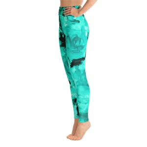 Turquoise Blue Women's Leggings, Abstract Rose Floral Print Yoga Pants-Made in USA/EU