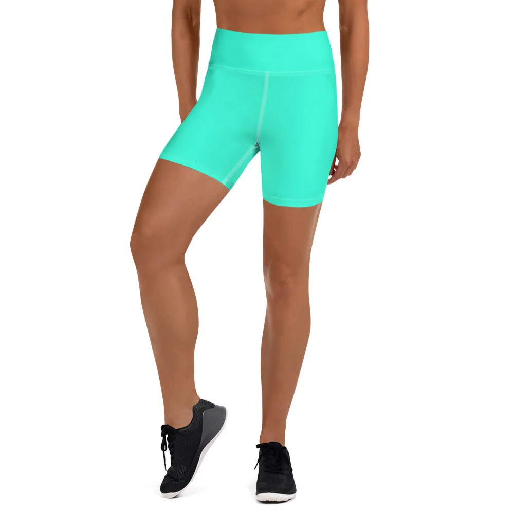 Turquoise Blue Yoga Shorts, Bright Blue Colorful Solid Color Designer Women's Tights-Made in USA/EU