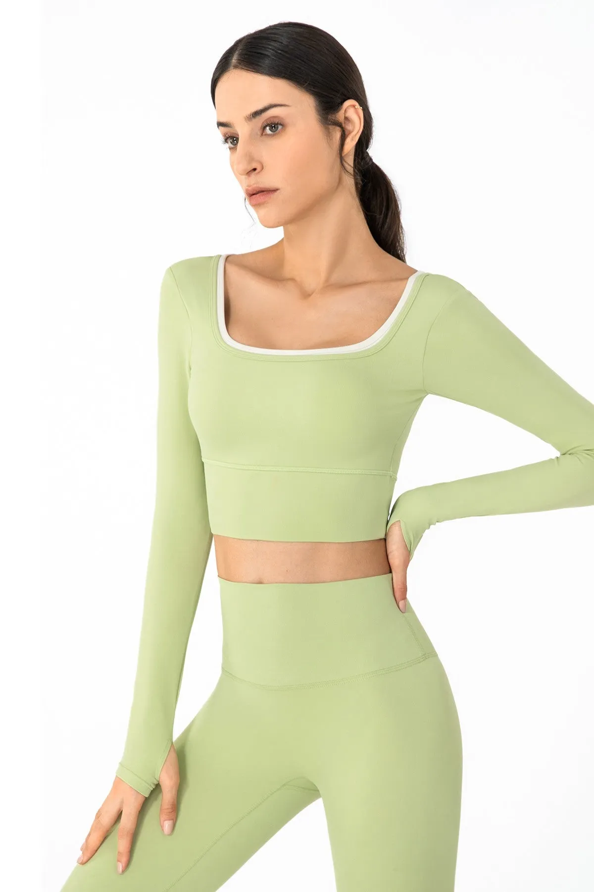 U Neck Long Sleeve Shirts Built-in Bra