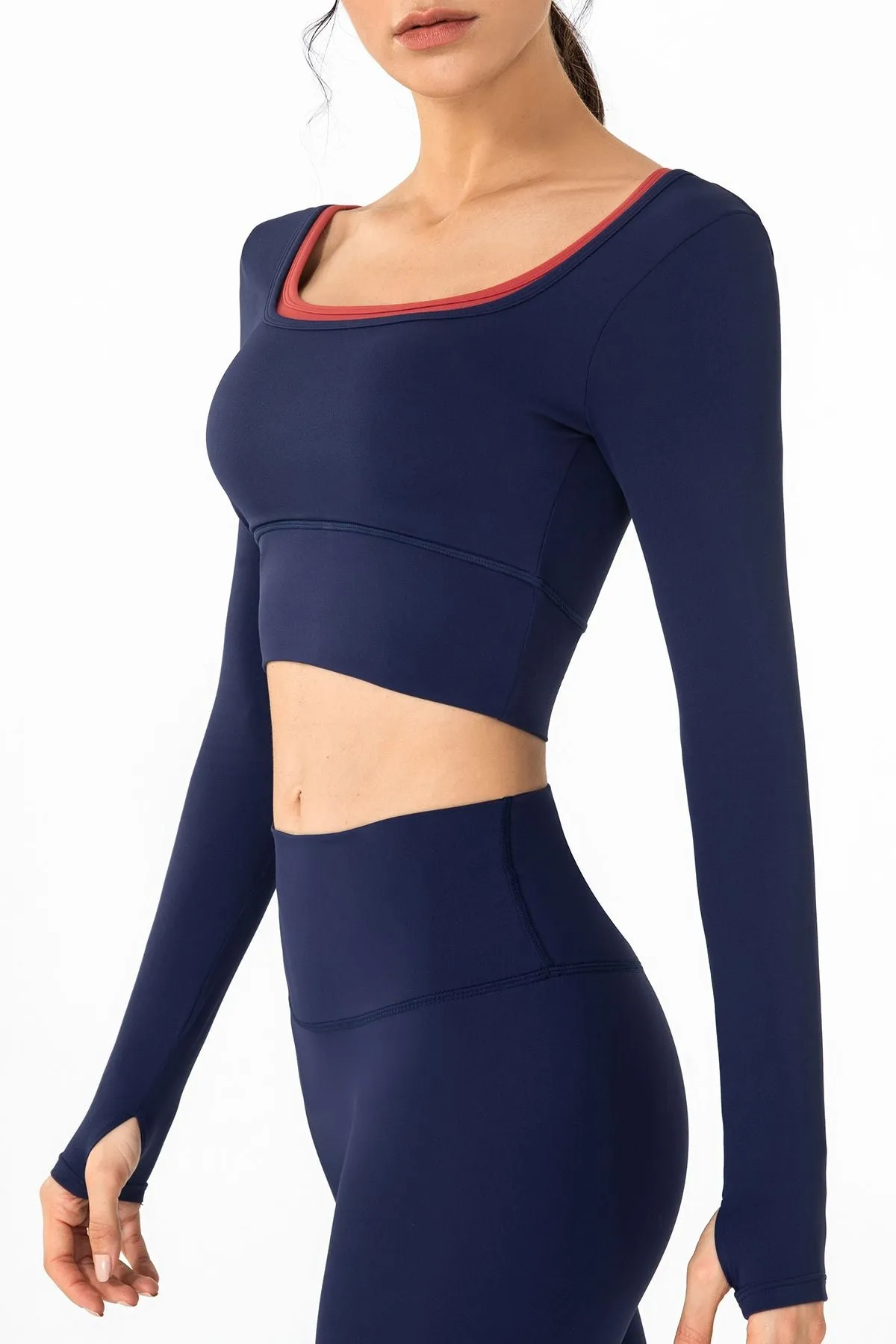 U Neck Long Sleeve Shirts Built-in Bra