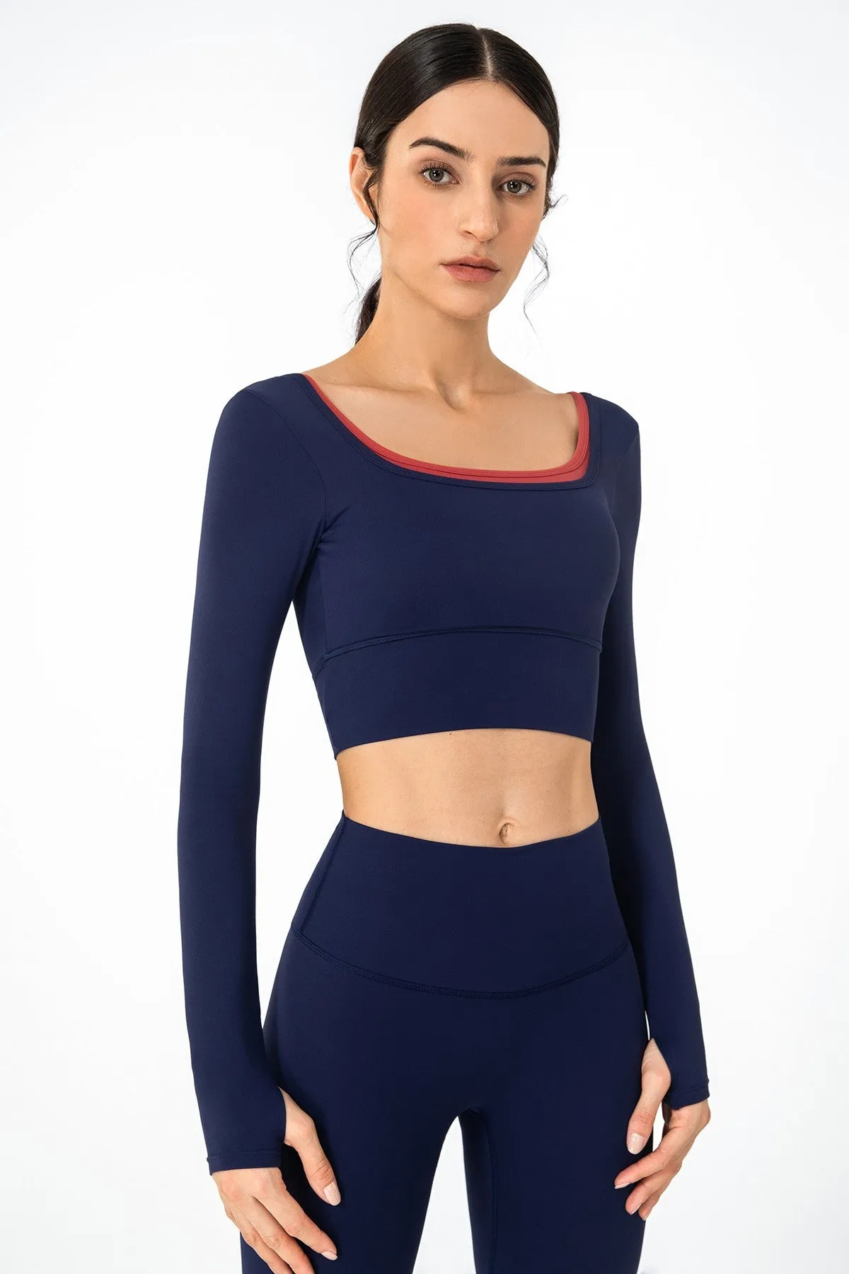 U Neck Long Sleeve Shirts Built-in Bra