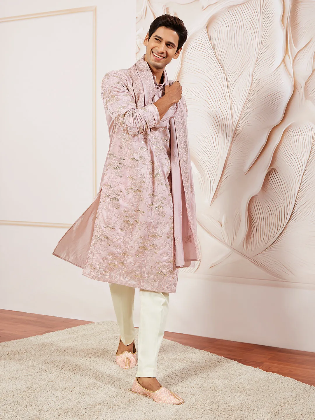 VASTRAMAY Men's Pink Silk Blend Kurta Pyjama And Dupatta Set