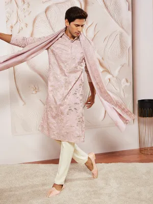 VASTRAMAY Men's Pink Silk Blend Kurta Pyjama And Dupatta Set