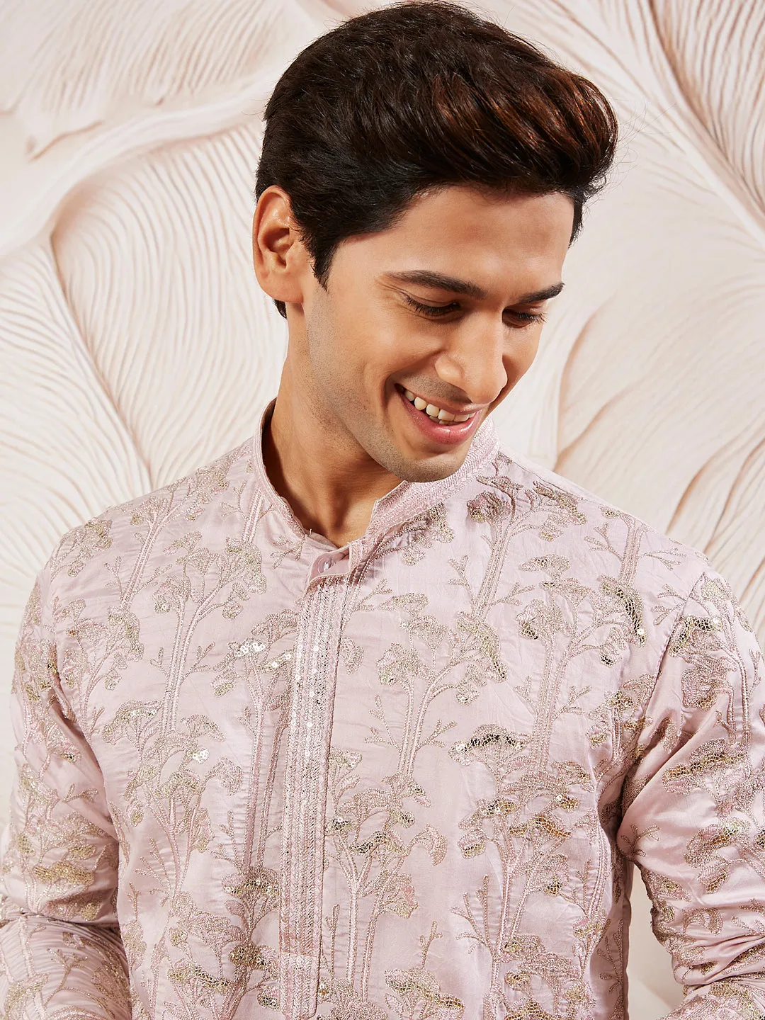 VASTRAMAY Men's Pink Silk Blend Kurta Pyjama And Dupatta Set