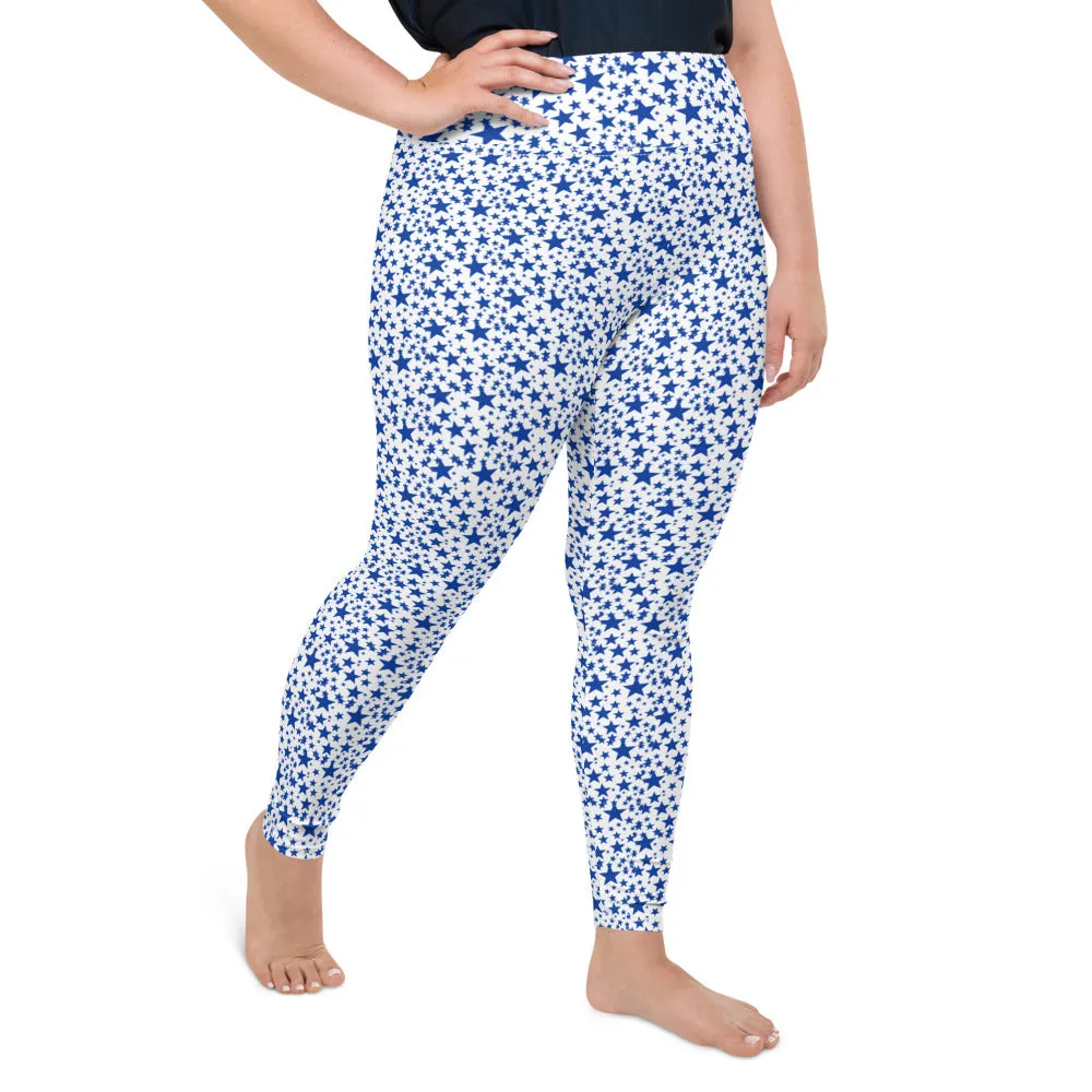 White Blue Star Print Tights, Best Star Pattern Print Women's Designer Plus Size Leggings Tights- Made in USA/EU