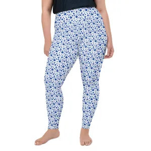 White Blue Star Print Tights, Best Star Pattern Print Women's Designer Plus Size Leggings Tights- Made in USA/EU
