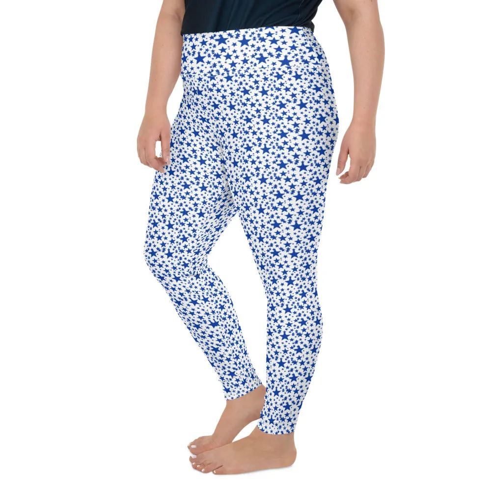 White Blue Star Print Tights, Best Star Pattern Print Women's Designer Plus Size Leggings Tights- Made in USA/EU