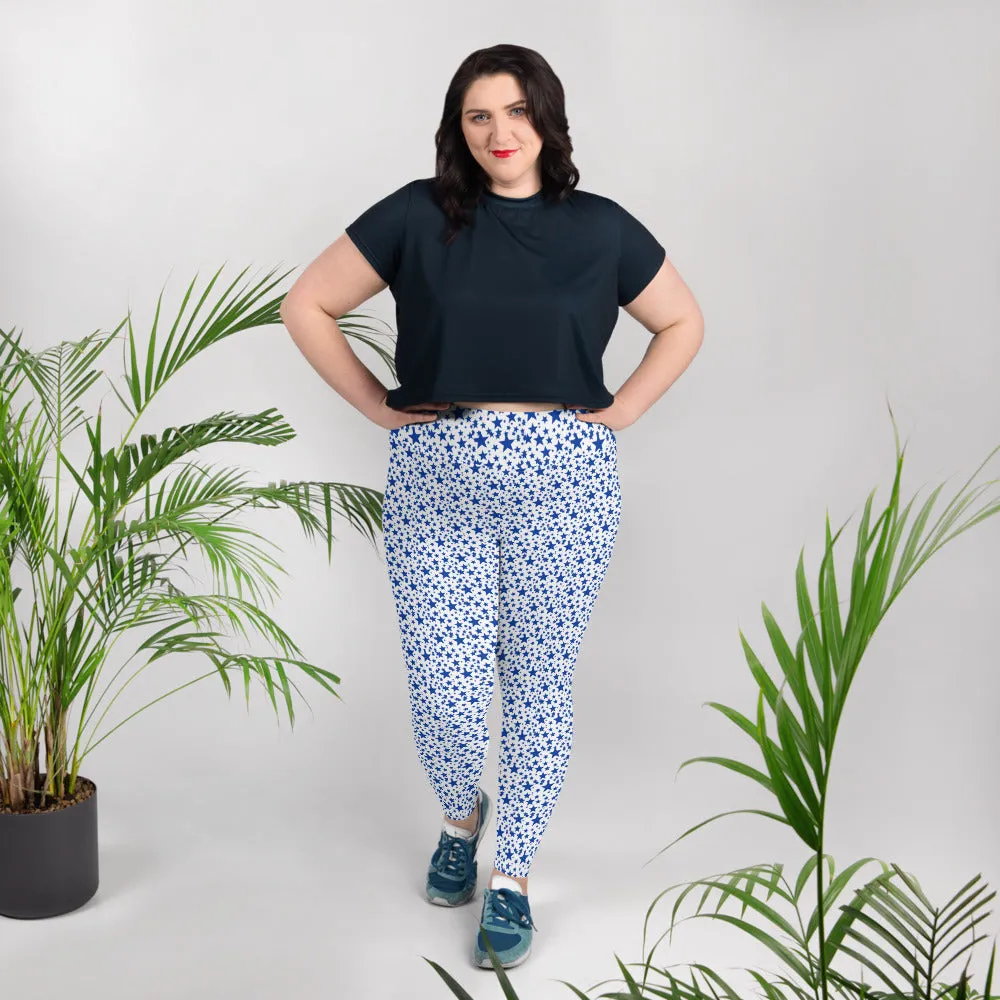 White Blue Star Print Tights, Best Star Pattern Print Women's Designer Plus Size Leggings Tights- Made in USA/EU