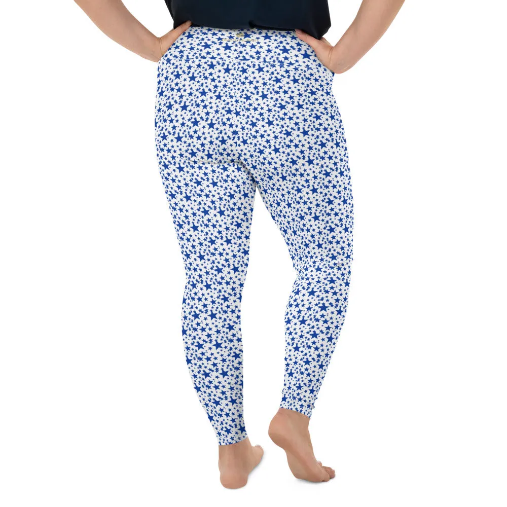 White Blue Star Print Tights, Best Star Pattern Print Women's Designer Plus Size Leggings Tights- Made in USA/EU