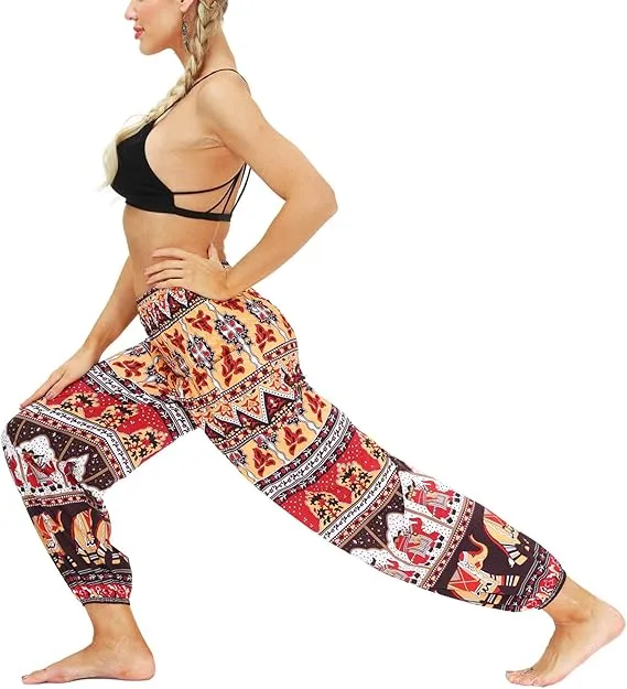 Women Hippie Harem Yoga Pants with Pockets, Thai Aladin Printed Summer Trousers- One Size