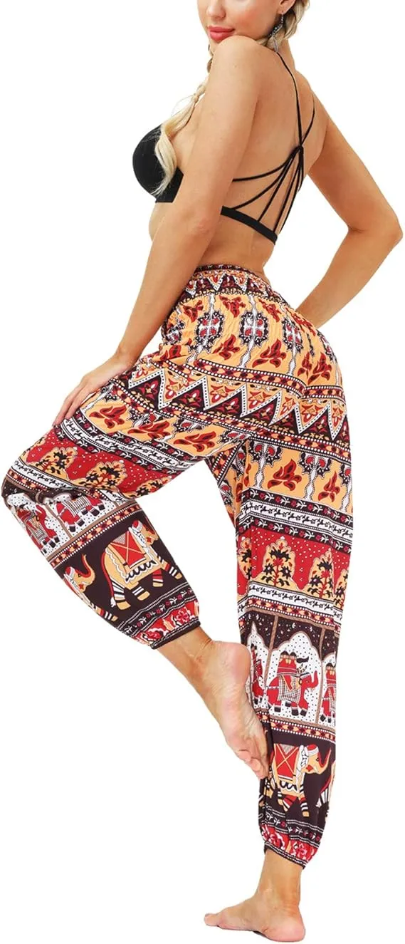 Women Hippie Harem Yoga Pants with Pockets, Thai Aladin Printed Summer Trousers- One Size