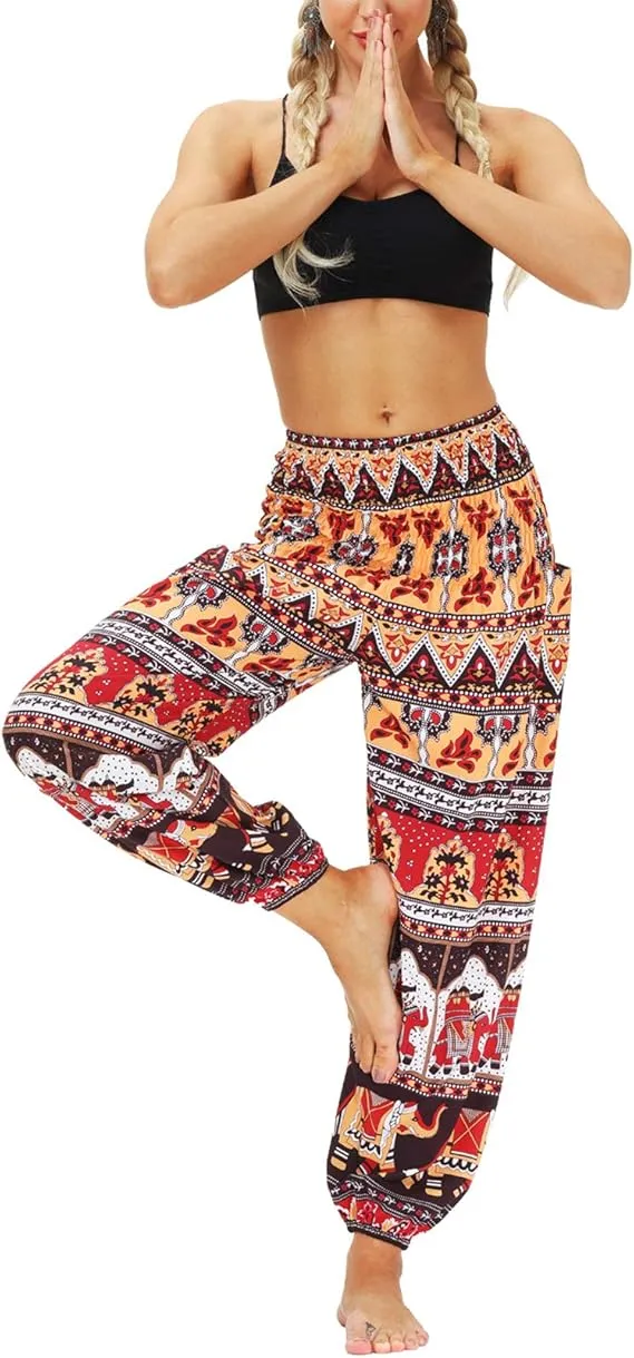 Women Hippie Harem Yoga Pants with Pockets, Thai Aladin Printed Summer Trousers- One Size