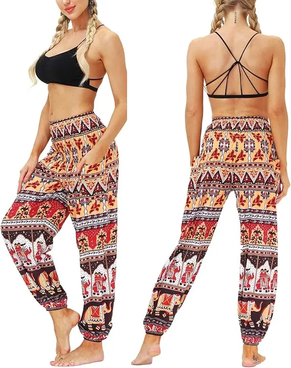 Women Hippie Harem Yoga Pants with Pockets, Thai Aladin Printed Summer Trousers- One Size